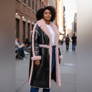 Women's Black Patent and Pink Shearling Coat ASOS oversize‎ 10 Warm